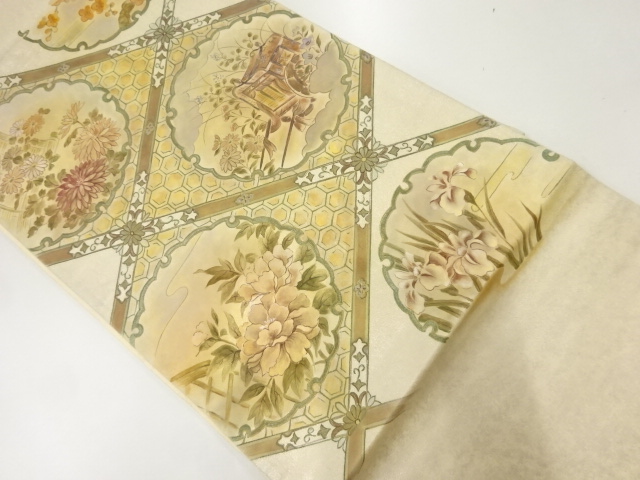 JAPANESE KIMONO / ANTIQUE FUKURO OBI / SILK / WOVEN GRID & FLOWERS